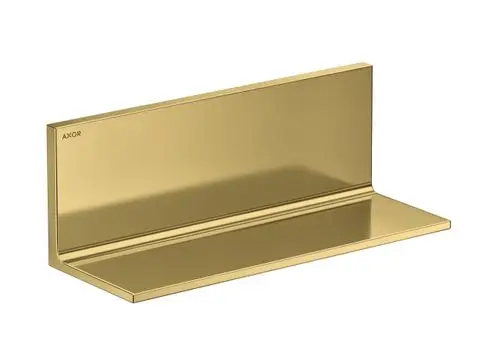 Ablage aus poliertem Gold mit rechteckiger Form, präsentiert von AXOR. Sie ist an der Wand montiert und bietet eine glatte, reflektierende Oberfläche.